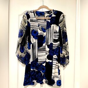 ALFANI - Sequin Flare Sleeve Dress Blue Black White Floral - Size S